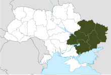 Map of Dnipropetrovsk, Donetsk, Kharkiv, Luhansk, and Zaporizhzhia oblasts highlighted in Ukraine