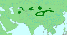 Map of showing highlighted range covering six areas from Turkmenistan east to China