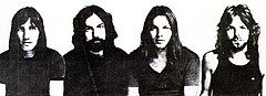 A black and white photograph of the members of Pink Floyd.