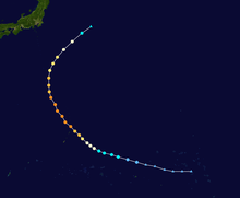 A track map showing the path of a typhoon over the western Pacific Ocean. Initially moving to the west-northwest, it executes a protracted, smooth curve to the northeast while located well to the southeast of Japan.