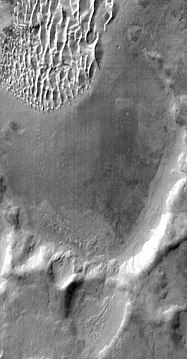 Detail of south wall of Kaiser Crater, as seen by THEMIS. Top of image shows part of a dune field.