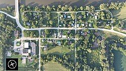 An aerial photograph of Leando, taken on 16 August 2024. The Des Moines River is seen at the top of the image.