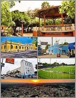 From the top: Kiosk in the park, Streets in Mazatenango, Municipal Palace, Church, Stadium and Panoramic view at sunset.