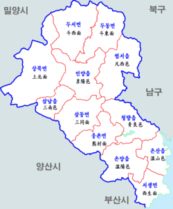 Map of Ulju County with Onyang eup depicted.