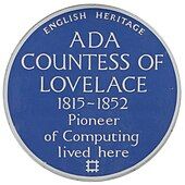 Plaque to Ada Lovelace that reads "English Heritage, Ada Countess of Lovelace, 1815–1852, Pioneer of Computing lived here"