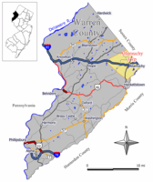 Location of Alloway Township in Warren County highlighted in yellow (right). Inset map: Location of Warren County in New Jersey highlighted in black (left).