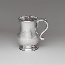 Silver cann made by colonial silversmith Jacob Hurd in Boston, ca 1745