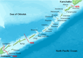 Image 30The Kuril Islands, with their Russian names. The borders of the Treaty of Shimoda (1855) and the Treaty of St. Petersburg (1875) are shown in red. Currently, all islands northeast of Hokkaido are administered by Russia. (from Geography of Japan)