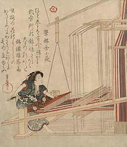 Traditional Japanese weaving at Beater (weaving), by Yanagawa Shigenobu (edited by Durova)