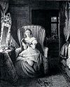 The protagonist of “Northanger Abbey,”Catherine, is shown in the original woodcut from Jane Austen’s novel seated in a high-backed chair, reading “Mysteries of Udolpho.” She is seated at a vanity table draped with brocade fabric in front of an ornate mirror. Her face conveys a sense of curiosity, suspense, and fright.