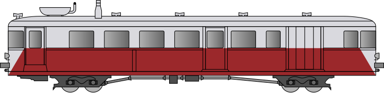 Railcar in ruby red and pearl gray livery.