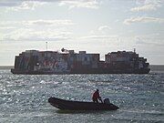 This was the first time that NTCL had brought in a tug pulling this type of container ship rather than a series of barges. It took two tugs to move it into position.