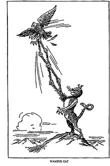 Margaret R. Tryon's 1939 depiction of the Wampus cat catching an eagle. An almost identical illustration attributed to "Nick" Nicholas C. Villenueve was published and copyrighted in 1938 in A Saga of the Sawtooths by Henry L. Senger