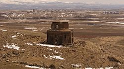 Gharghavank Zoravor Church (foreground) and the village of Zoravan (background)