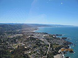 An aerial view of Brookings, Oregon, and its coastline