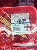 A package of all-pork city chicken and wooden skewers, ready to be cooked