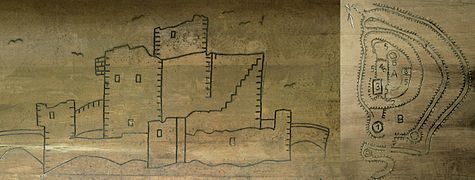 Burgruine Hunnesrück (vergrößerte Kopie einer Zeichnung Krabbes von 1603) und Lageplan