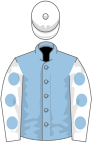 Light blue, white sleeves, light blue spots, white cap