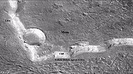 Wide view of mesa with CTX showing Cliff face and location of lobate debris apron (LDA) Location is Ismenius Lacus quadrangle.