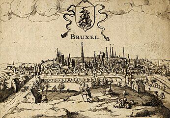 An engraving of Brussels showing the city's second walls, c. 1610