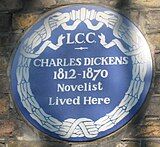 London County Council plaque at 48 Doughty Street, Holborn, commemorating Charles Dickens (erected 1903)