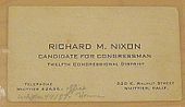 Business card for Richard Nixon as a congressional candidate, showing an address and phone numbers in Whittier