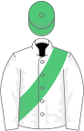 White, emerald green sash, emerald green cap