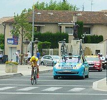 Alberto Contador in the race leader's yellow jersey, during the Stage 3 individual time trial