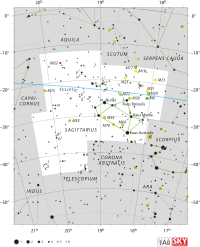 Diagram showing star positions and boundaries of the Sagittarius constellation and its surroundings