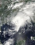 Satellite image of Tropical Storm Bill at peak intensity