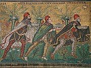 Sant’Apollinare Nuovo, Ravenna, the Magi presenting their gifts (mosaic detail), late 6th century, wearing Persian dress, and Phrygian cap