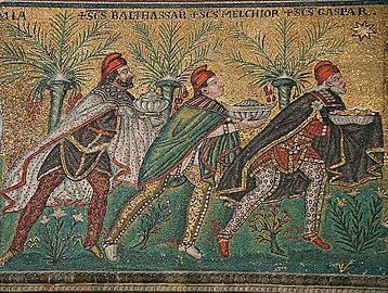 The Three Wise Men", Balthasar, Melchior, and Gaspar. (Basilica of Sant'Apollinare Nuovo in Ravenna, Italy, c. 526 AD)