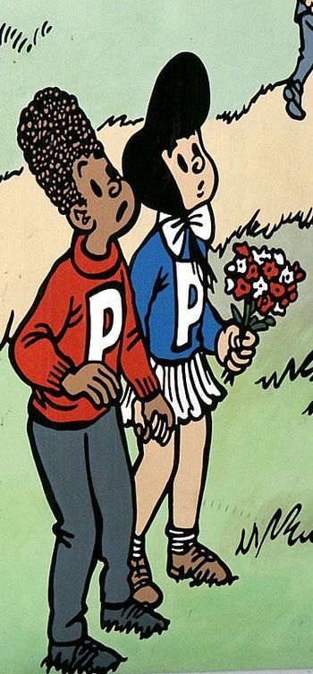 Petoetje (left) and Petatje (right) depicted on a wall on the Place Saint-Géry/Sint-Goriksplein in Brussels, part of the Brussels' Comic Book Route.