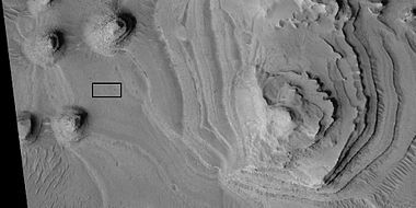 Close view of layers, as seen by HiRISE under HiWish program. Box shows the size of a football field.