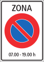 2.59.1e Start of area with generally applicable parking restrictions (here with applicable time constraints; Italian variant)