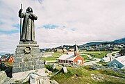 Statue of Hans Egede in the foreground with Nuuk Cathedral in the background