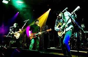 The Automatic performing in 2008, left to right: Paul Mullen, Robin Hawkins, James Frost and Iwan Griffiths.