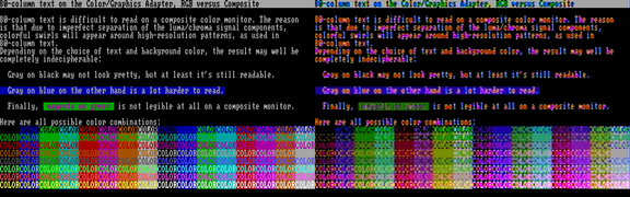 CGA 80-column text (left: RGB, right: composite monitor)