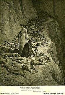 Image from Dante's Purgatory by Gustave Doré of greedy and prodical souls laying face down in the dust