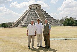 President George W. Bush, President Vicente Fox, and Prime Minister Stephen Harper; stand in front of "El Castillo" in the Chichen Itza Archaeological Ruins; March 2006.