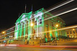 The building decorated with a projection for St Patricks Day, 2021