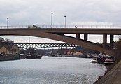 Bridges over the Oise, road in the foreground, and railway, in the background, the latter on the Paris - Mantes line by Conflans.