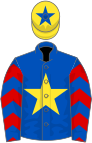 Royal blue, yellow star, red and yellow chevrons on sleeves, yellow cap, royal blue star