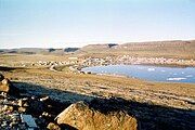 Looking at Ulukhaktok, Northwest Territories from the bluffs that give the community its name.