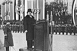 President Konstantin Päts giving a speech on the 20th anniversary of the Republic of Estonia at the Freedom Square, Tallinn (1938).