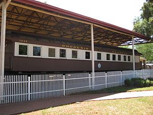 A brown train, viewed from the side, is at rest under a small open station. "1035 Rhodesia Railways" is written in gold letters over the train's windows. There is a white fence and a brick walkway in front of the train.