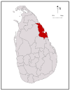 Area map of Trincomalee District, along the north eastern coast with its south western border extending inwards, in the Eastern Province of Sri Lanka