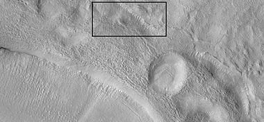 Crater with ejecta, as seen by HiRISE under HiWish program. The box shows area enlarged in next image.