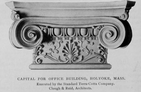 Capital terra cotta piece for the Ball Block/Latino Professional Building, the flame palmette is a recurring motif in Holyoke architecture