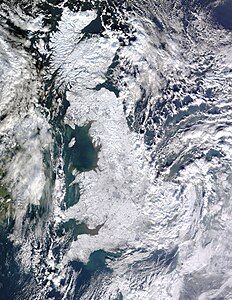 Great Britain covered in snow at Winter of 2009–10 in Europe, by NASA